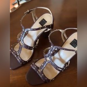 White House Black Market, dark purple strappy heeled sandals. Good condition